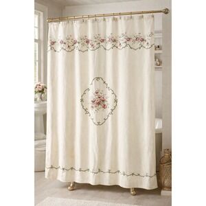 Vintage Floral Shower Curtain Cottagecore Pink Roses Embroidered 63x63" Ivory